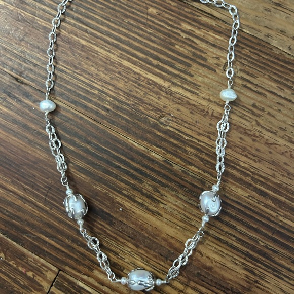 Baroque Pearl Claw Sterling Silver Necklace 18”Double Chain Hammered Silver - Picture 1 of 5